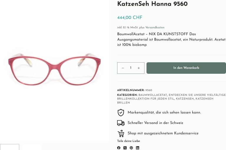 Produktseite einer KATZENSEH-Brille mit Bild, Preis und Warenkorb-Button