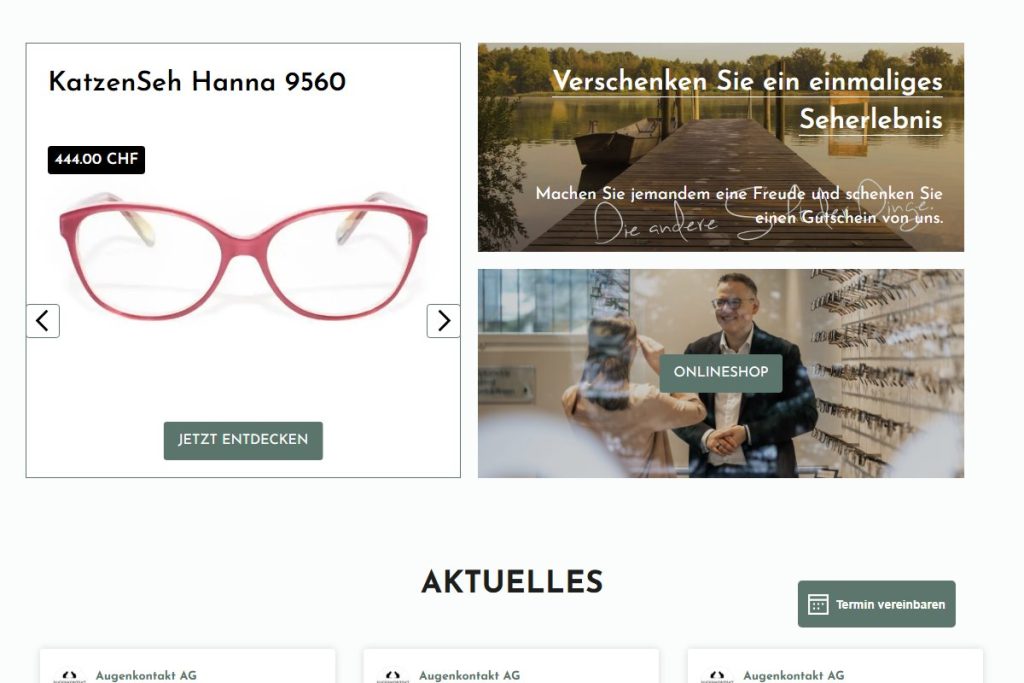 Produkt-Slider, Gutschein-Teaser und Shop-Kachel auf der Startseite von augenkontakt-shop.ch