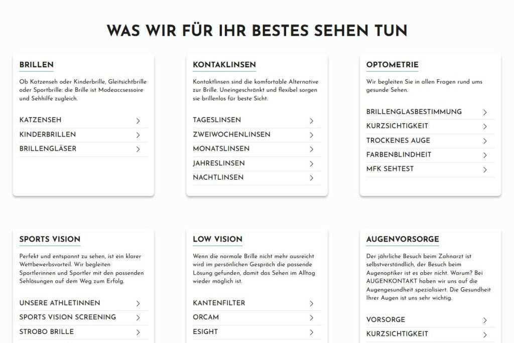 Übersicht der Dienstleistungen mit Unterlinks auf der Startseite von augenkontakt-shop.ch