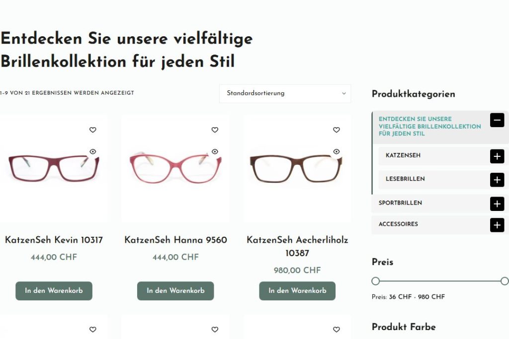 Shop-Kategorie Brillen mit Produktkarten und Kategorie-Akkordeon auf augenkontakt-shop.ch