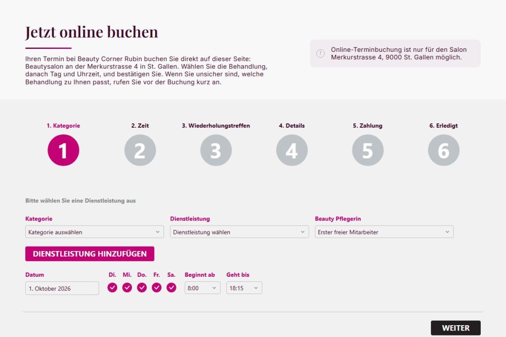 Online-Terminbuchung in sechs Schritten auf beautycorner-rubin.ch
