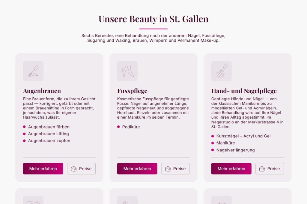 Behandlungsübersicht mit Kategorie-Karten auf beautycorner-rubin.ch