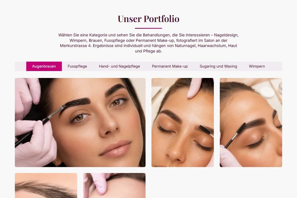 Portfolio-Mosaik mit Tabs pro Behandlung auf beautycorner-rubin.ch