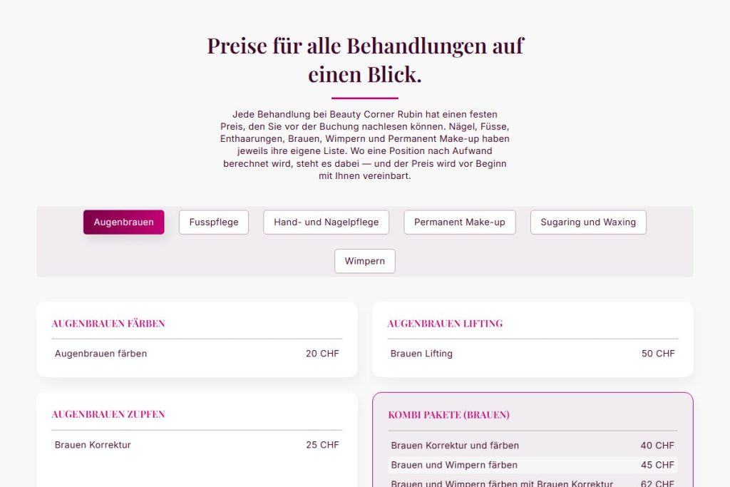 Preisseite mit Tabs pro Kategorie auf beautycorner-rubin.ch