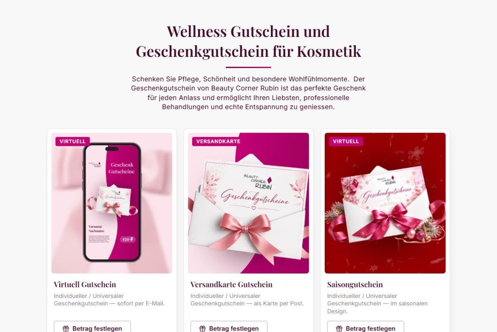 Gutschein-Shop mit drei Gutscheinarten auf beautycorner-rubin.ch