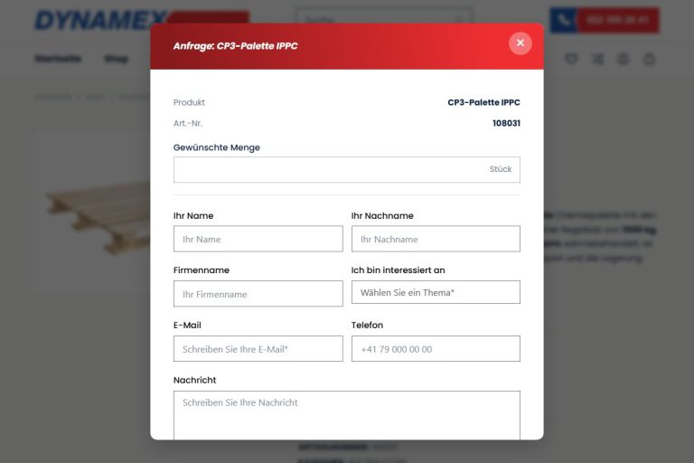 Anfrage-Modal mit Produkt und Menge auf einer Produktseite