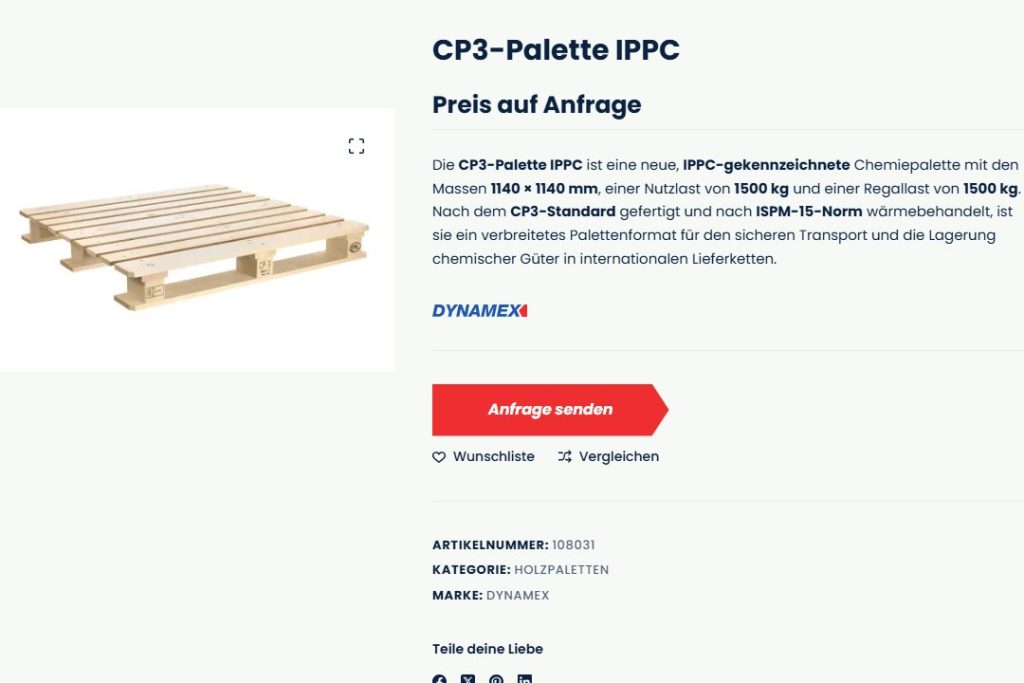 Produktseite einer Palette, die nur auf Anfrage verkauft wird