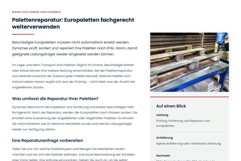 Service-Info-Block auf der Serviceseite Reparatur