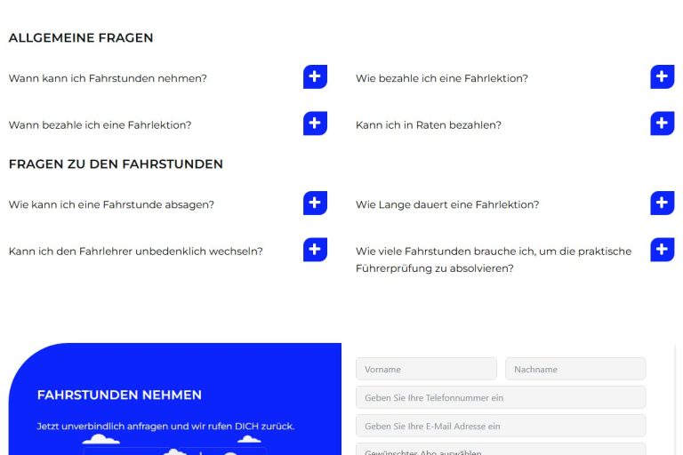 FAQ-Akkordeons mit allgemeinen und Fahrstunden-Fragen auf der Infoseite