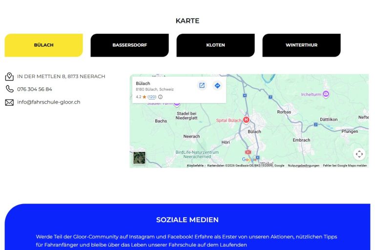 Kontaktseite mit Karten-Tabs für Bülach, Bassersdorf, Kloten und Winterthur