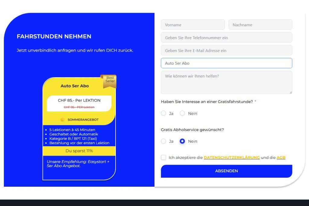Anfrageformular mit der Karte des gewählten Pakets «Auto 5er Abo» daneben