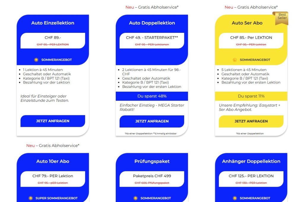 Lektionspakete für Auto und Anhänger als Karten mit Labels auf der Preisseite
