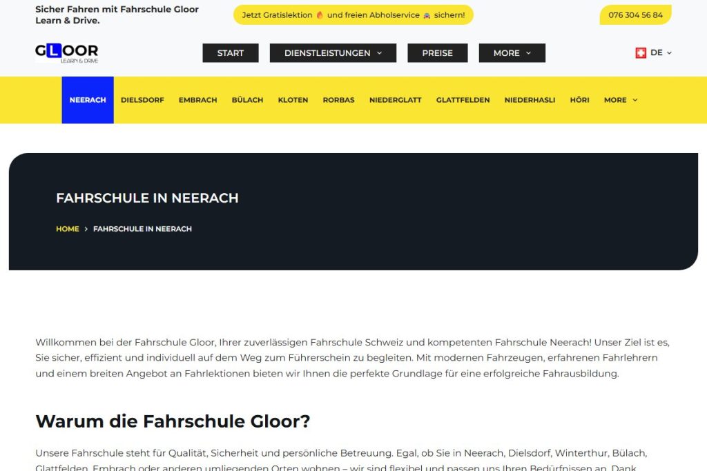 Ortsseite «Fahrschule in Neerach» mit gelbem Ortsbalken unter dem Hauptmenü