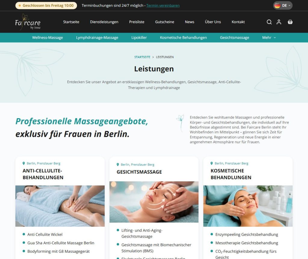 Leistungsübersicht der neuen Faircare-Website