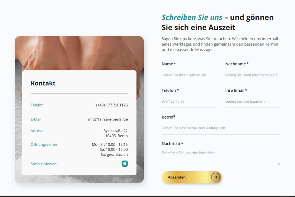 Kontaktbereich mit Formular vor dem Footer der neuen Faircare-Website