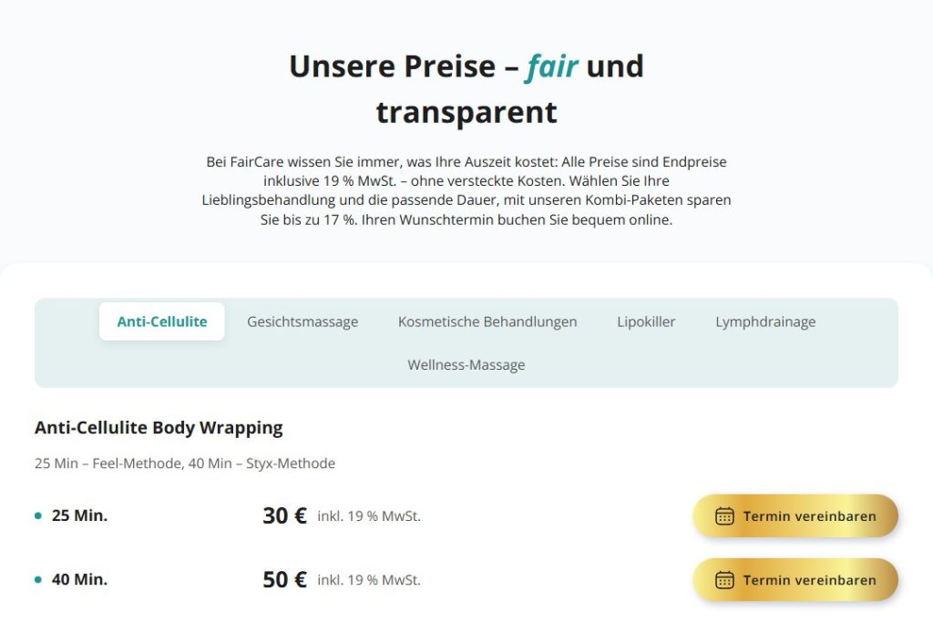 Preisliste mit einem Tab pro Leistungsgruppe auf der neuen Faircare-Website