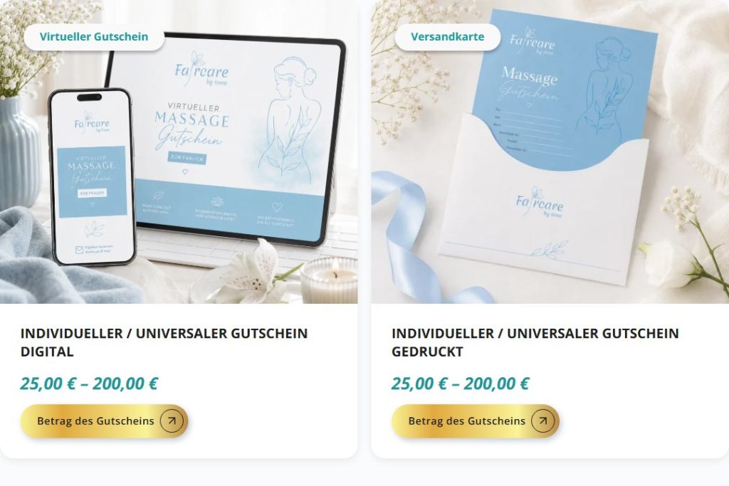Gutschein-Shop mit digitalem und gedrucktem Gutschein auf der neuen Faircare-Website