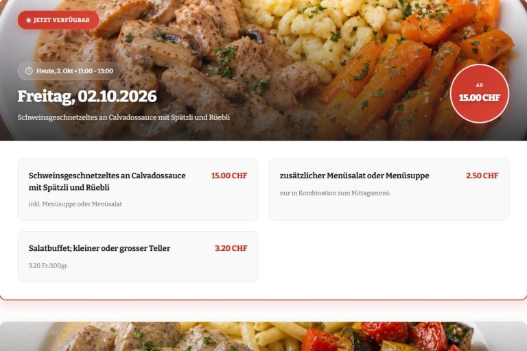 Menükarte mit Status-Badge, Servierzeit und Preis auf der Seite Wochenmenü