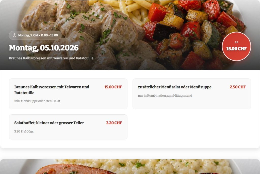 Menükarte eines kommenden Tages auf der Seite Wochenmenü mit Gerichten und Preisen