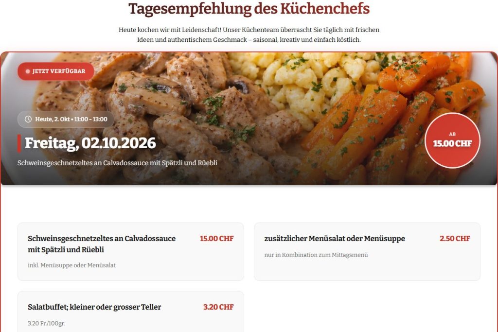 Bereich «Tagesempfehlung des Küchenchefs» auf der Startseite mit dem Menü des Tages