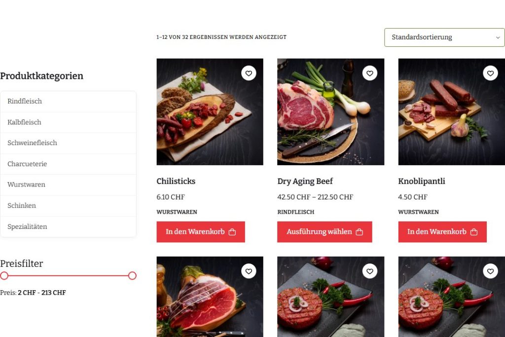 Online-Shop mit Produktkarten, Kategorie-Akkordeon und Preisfilter auf metzgerei-rust.ch