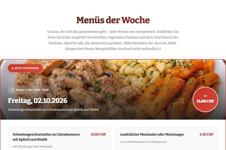 Seite «Menüs der Woche» mit der Menükarte des aktuellen Tages