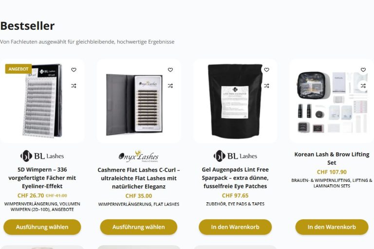 Produktraster «Bestseller» auf der Startseite von onyx-lashes.ch
