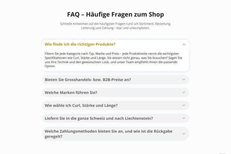FAQ-Bereich auf der Shop-Seite von onyx-lashes.ch