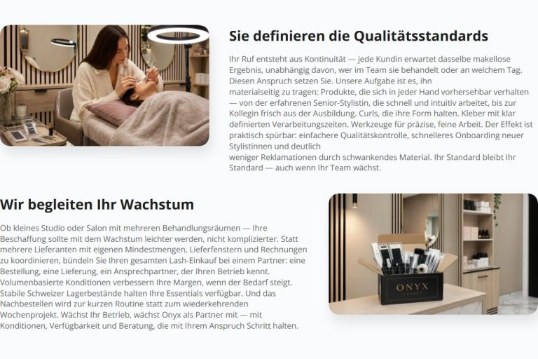 Lösungsseite «Salon & Studio» auf onyx-lashes.ch