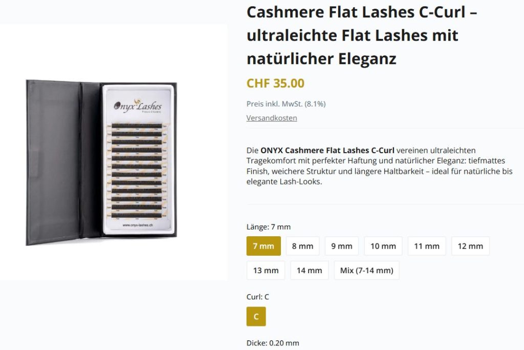 Produktseite mit Auswahl von Länge, Curl und Dicke auf onyx-lashes.ch