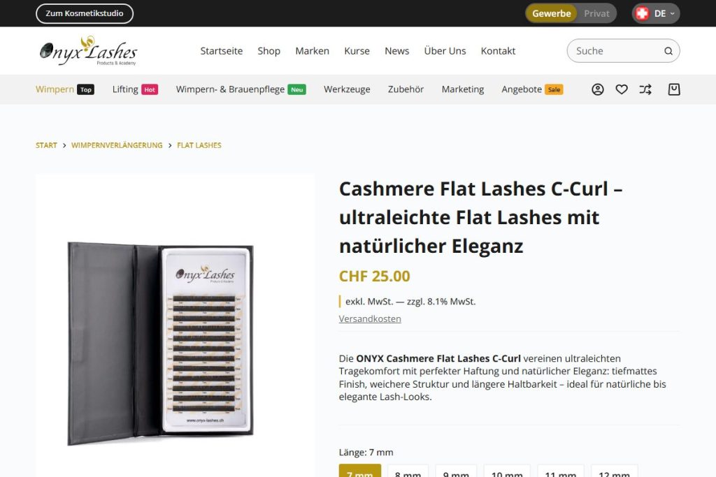 Produktseite im Modus «Gewerbe» mit Nettopreis exkl. MwSt. auf onyx-lashes.ch