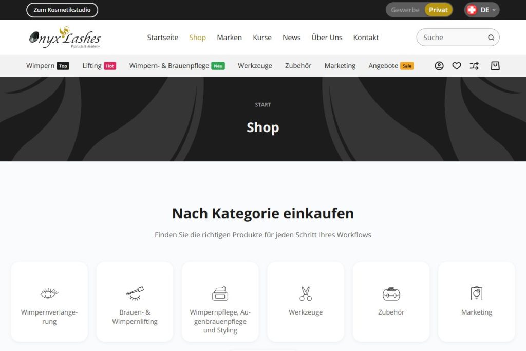 Shop-Startseite mit Kategorie-Kacheln und Icons auf onyx-lashes.ch