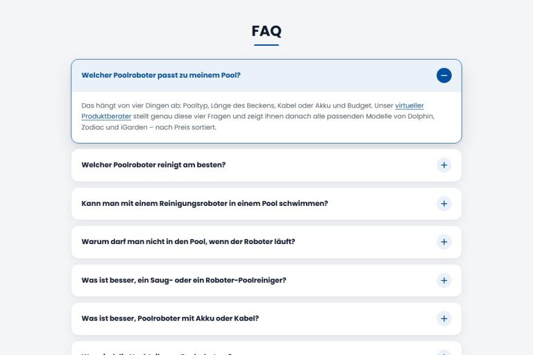 FAQ-Bereich auf der Kategorieseite Poolroboter