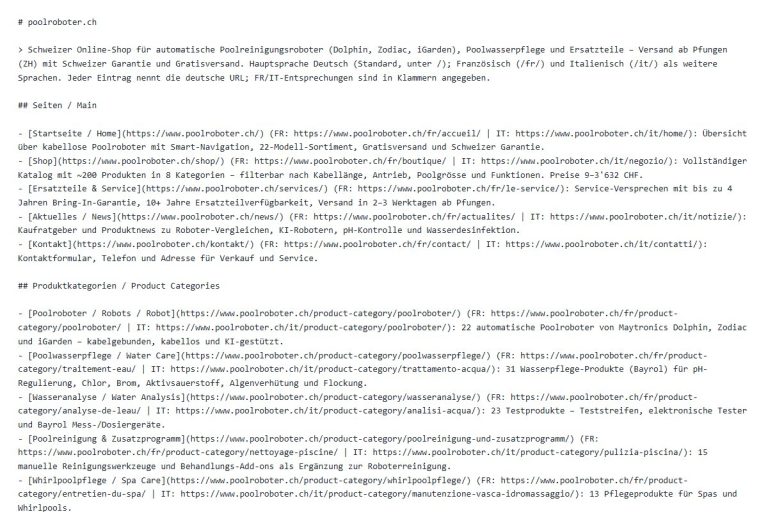 llms.txt von poolroboter.ch mit Seiten und Produktkategorien