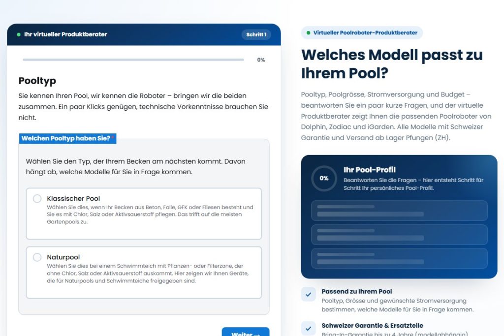 Virtueller Produktberater mit Fragen zum Pooltyp und Pool-Profil auf poolroboter.ch