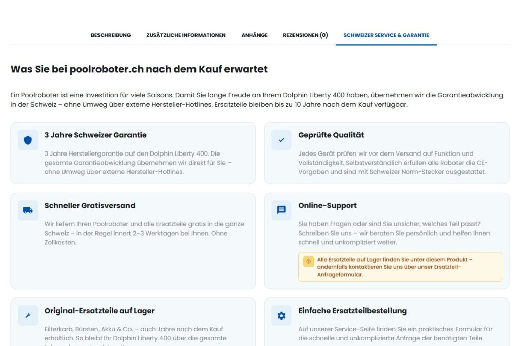 Service-Tab mit Icon-Karten auf einer Produktseite von poolroboter.ch