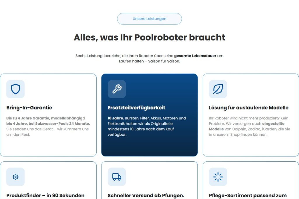 Servicebereich mit Leistungskarten auf poolroboter.ch