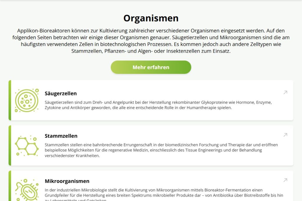 Übersicht der Applikationen nach Organismen auf reseabiotec.ch