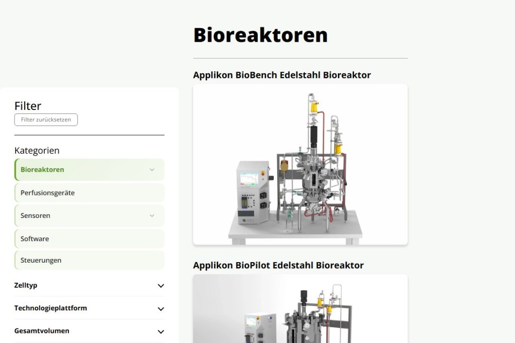 Kategorieseite Bioreaktoren mit Filter-Seitenleiste auf reseabiotec.ch