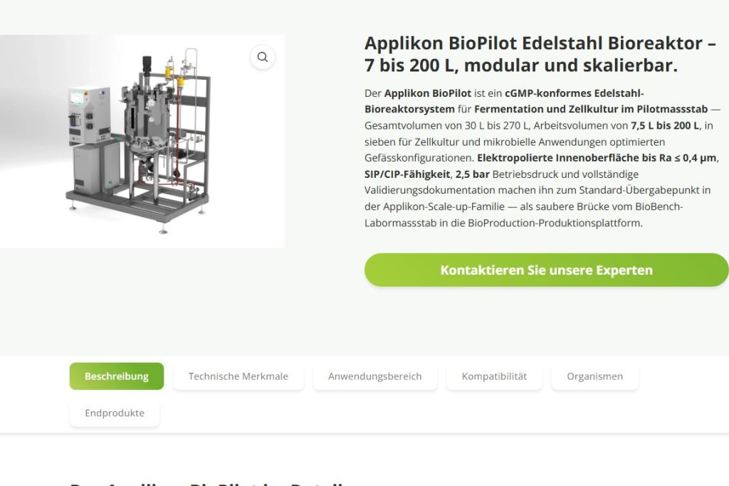 Produktseite des Applikon BioPilot mit Galerie und Anfrage-Button auf reseabiotec.ch