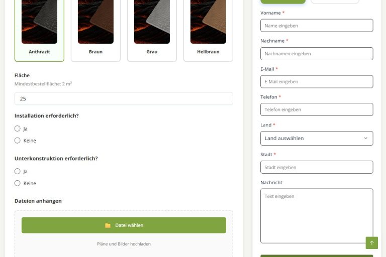 Kostenrechner: Farbe, Fläche, Montage, Unterkonstruktion und Datei-Upload