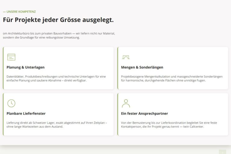 Block mit vier Leistungsmerkmalen und Icons auf der Branchenseite