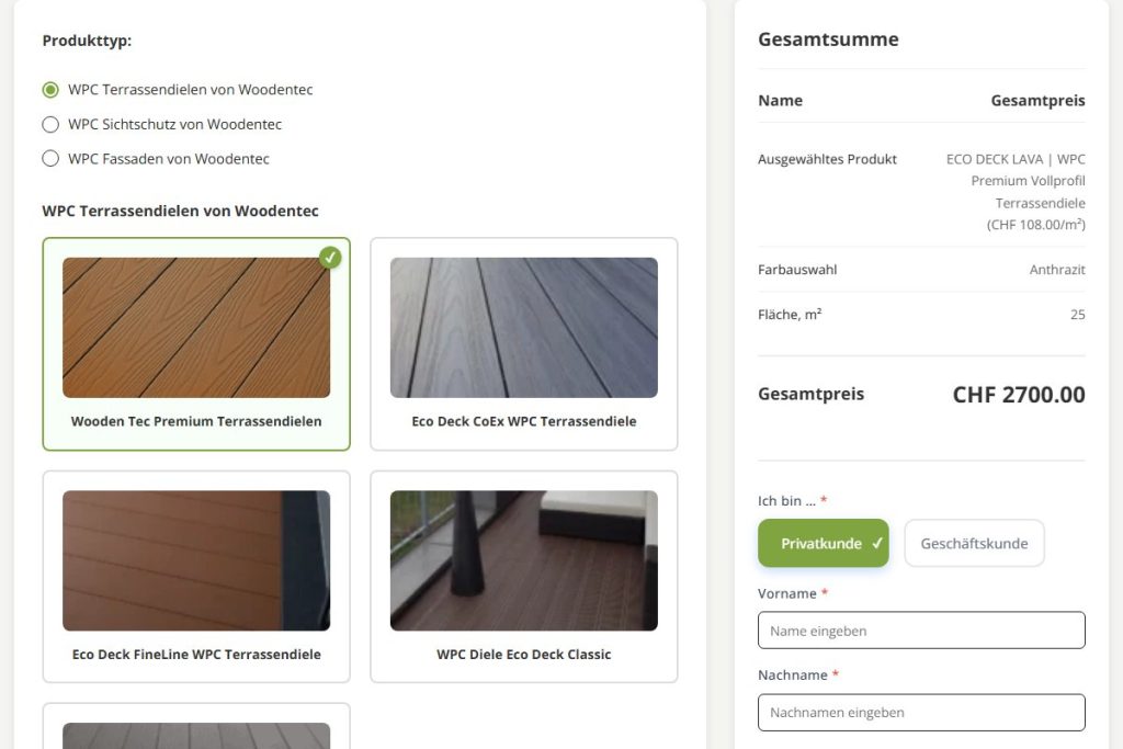 Kostenrechner auf woodentec.swiss mit Produktwahl und Gesamtpreis
