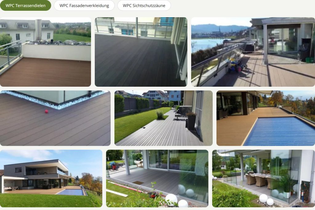 Galerie mit Tabs pro Produktgruppe auf woodentec.swiss