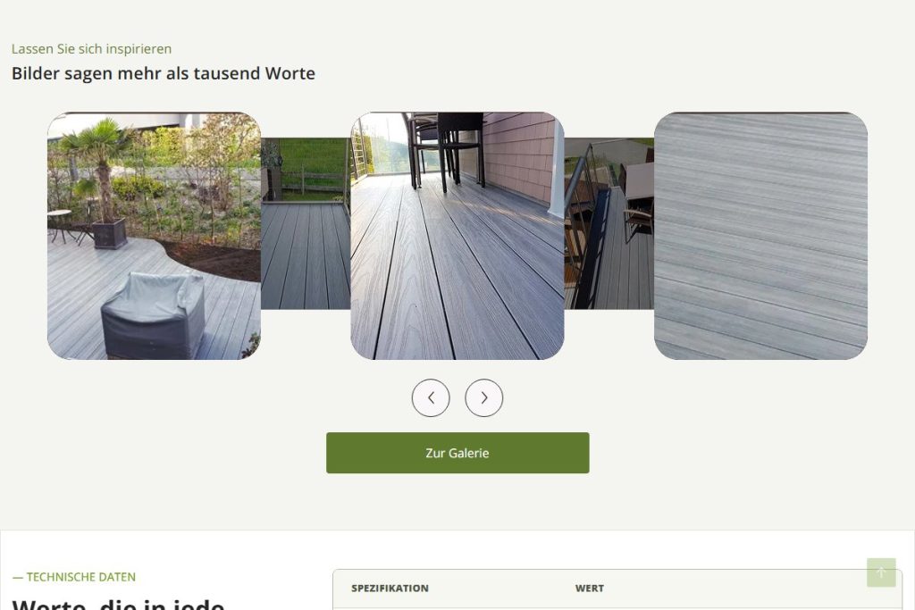 Bild-Slider und technische Daten auf einer Produktseite von woodentec.swiss